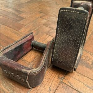 Set of Vintage Leather Covered Western Saddle Stirrups Cowboy Gear Tooled Decor